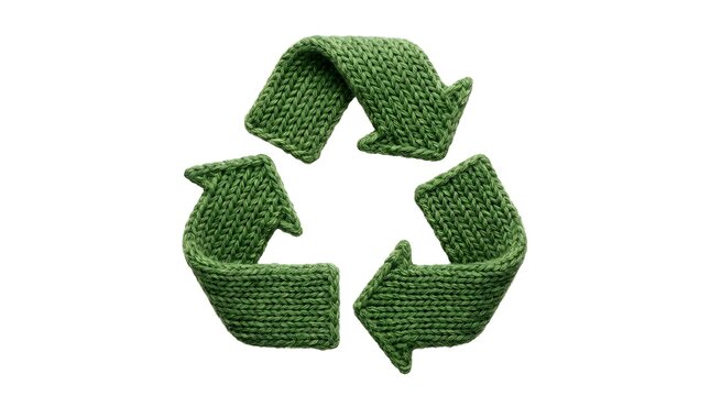 A high-quality, close-up studio shot of the universal recycling symbol expertly crafted from thick, green, textured knitted wool yarn isolated on a pure white background