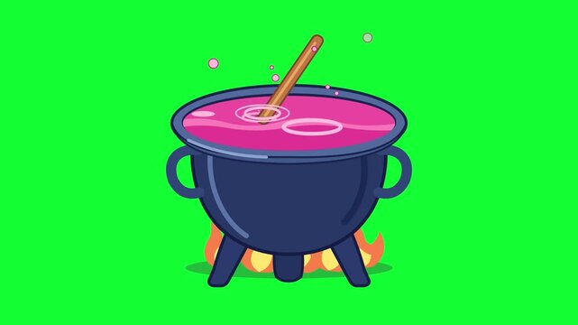 Magical cauldron boiling pink potion on fire over green screen background for fantasy storytelling
