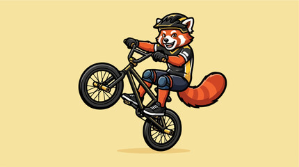 Obraz premium Red panda character riding a BMX bike doing wheelie.