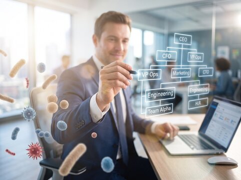 Businessman working on company hierarchy chart with floating bacteria and virus microorganisms