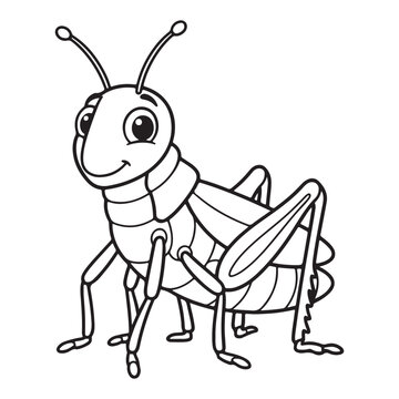 Cute cartoon grasshopper outline line art illustration. Black and white bug insect character for kids coloring page activity book.