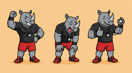 Three rhino gym mascot characters showing different workout phases © edawson