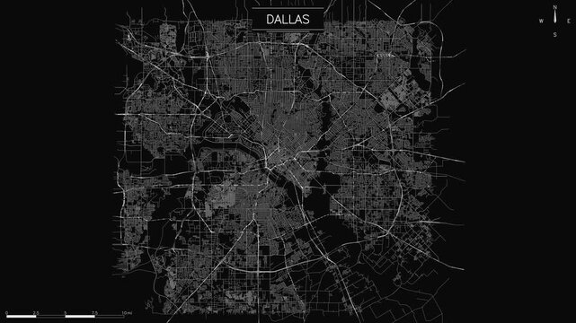 minimalist map of Dallas streets and roads pulsing with light trails against dark background, loopable traffic animation
