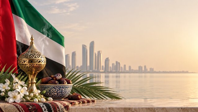 UAE flag day celebration with miniature flag, dhow boat, and Dubai skyline in the background, National Day concept