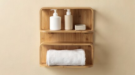 Obraz premium Minimalist Bamboo Wall Mounted Shelf in a Modern Bathroom Featuring White Soap Dispenser Bottles and a Rolled Soft Towel Against a Neutral Background for Eco Friendly Home Organization