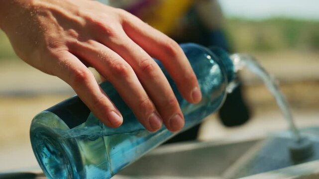 An active young woman stays hydrated outdoors by drinking from her water bottle. She later refills a reusable bottle at a public water fountain, promoting health and sustainability.