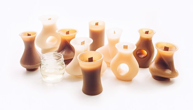 A collection of artisan candles with unique vase-like holders on a white background.