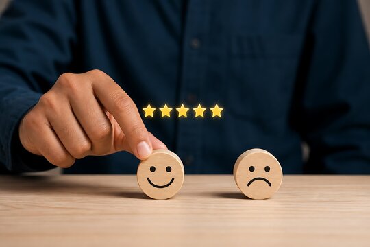Customer satisfaction review concept with wooden smiley face and five star rating on desk