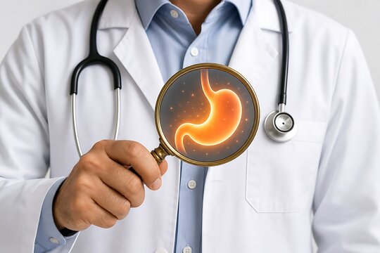 Doctor holding a magnifying glass displaying a glowing human stomach anatomical illustration