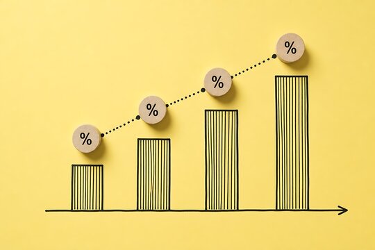 Drawn bar chart with ascending wooden tokens showing percentage growth on yellow background