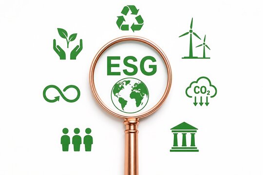 Magnifying glass focused on esg letters surrounded by sustainability and green icons