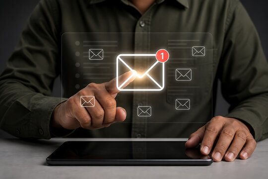 Man touching digital screen displaying new email notification icon above tablet computer
