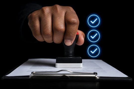 Person using a stamp to approve documents with glowing checkmark icons on a dark background