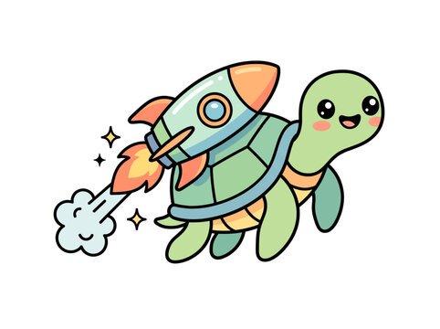 Cute cartoon turtle flying with a rocket strapped to its shell in a whimsical space adventure illustration, drawn in an artistic style for museums and galleries