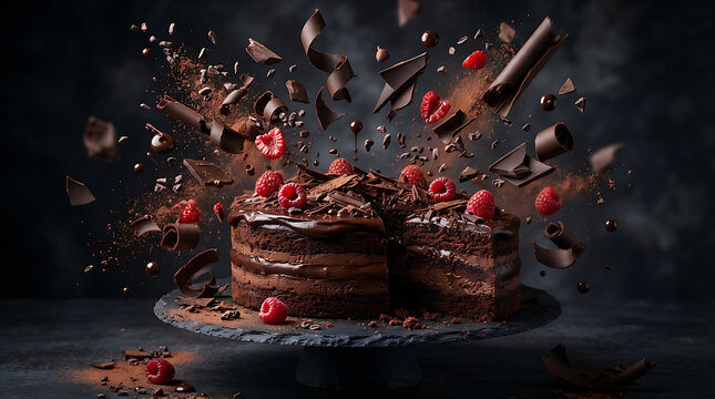 Chocolate cake with raspberries and flying shavings on a slate stand