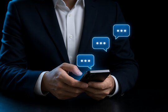 Businessman in a dark suit using a smartphone with glowing chat bubble icons floating nearby