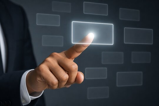 Businessman interacting with floating futuristic holographic interface buttons in office