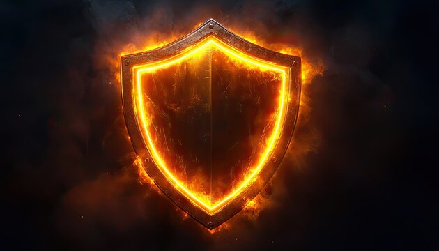 A glowing shield surrounded by fiery flames on a dark background.
