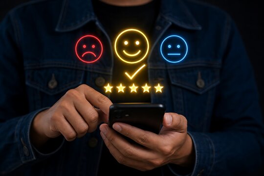 Customer feedback concept with smartphone showing glowing review icons and five stars