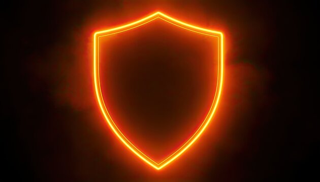 A glowing neon shield shape in orange against a dark background.