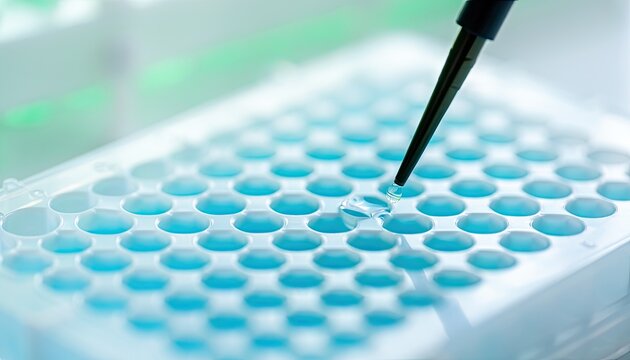 A laboratory pipette dispenses a liquid into a well plate.