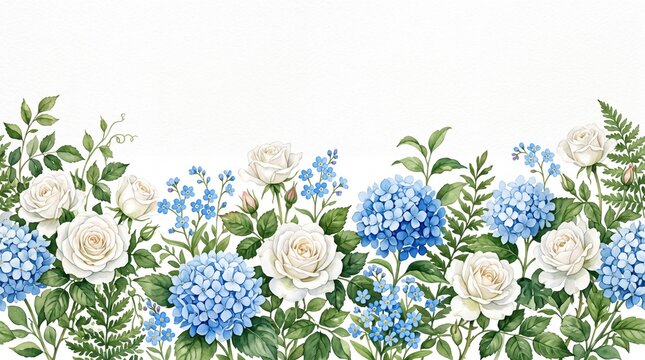 Watercolor horizontal flower border featuring white roses and blue hydrangeas on white background.
