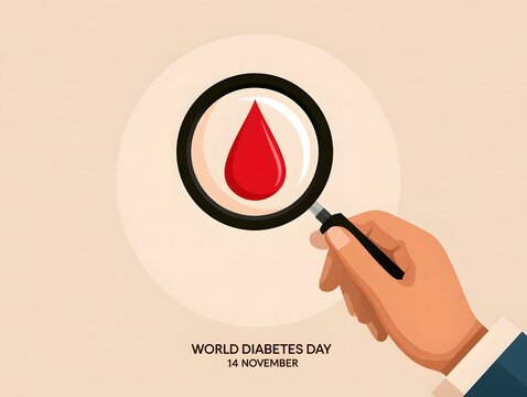 Hand examining blood drop under magnifying glass for diabetes awareness