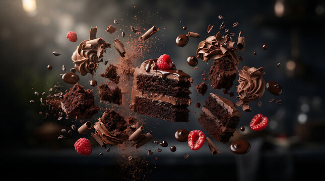 Chocolate cake slice with raspberries exploding in mid air