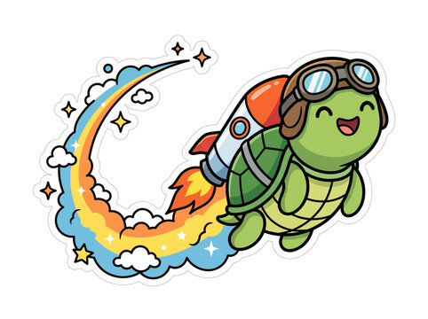 Cute cartoon turtle wearing aviator goggles and a rocket jetpack flying through cerulean skies, leaving a vibrant rainbow trail past stars and whimsical clouds