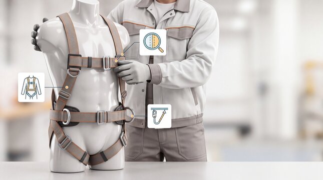Worker inspecting a safety harness on a mannequin in a warehouse environment for industrial training