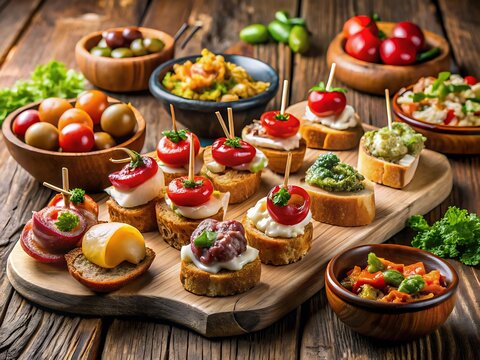 Gourmet Bruschetta Platter with Cherry Tomatoes Mozzarella and Fresh Herbs on Wooden Table