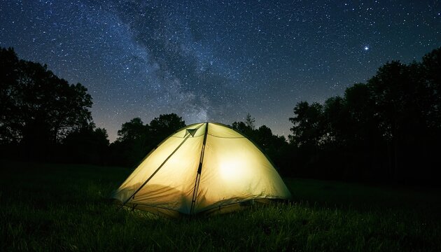 A solitary tent glows warmly under a vast, star-filled night sky.