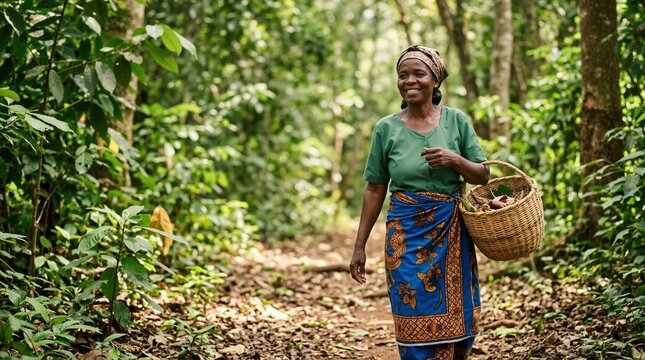 Senior African woman walking with a woven basket on a forest path. Smiling mature female carrying harvested goods through woods. Rural lifestyle, foraging, and active aging concept