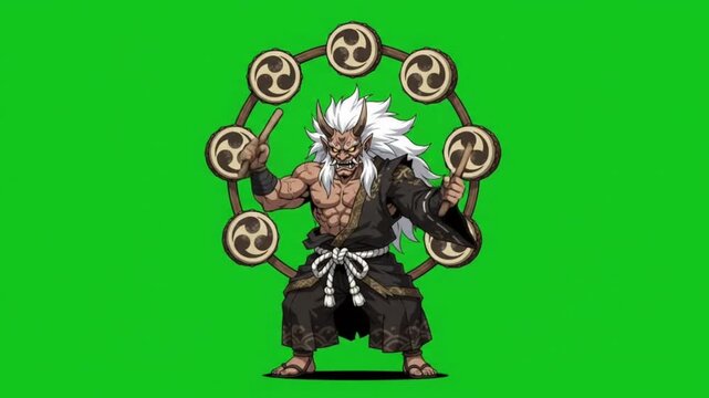 Japanese deity raiijin god of thunder performing traditional martial arts with chains in green studio background