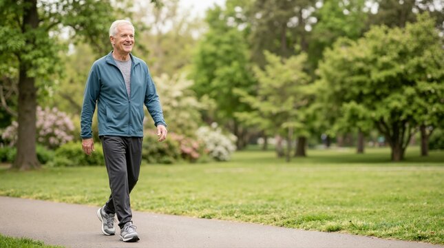 Senior Caucasian man walking along a paved park path in sportswear. Active elderly man exercising outdoors in nature. Retirement wellness and healthy lifestyle concept