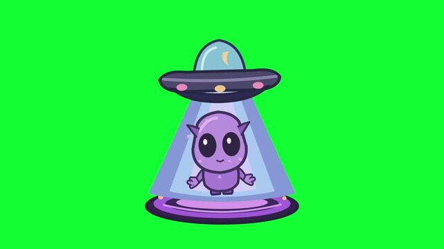 Cute purple alien character inside a flying saucer ufo on green screen background