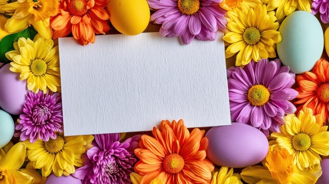 Spring flowers and easter eggs border with blank card