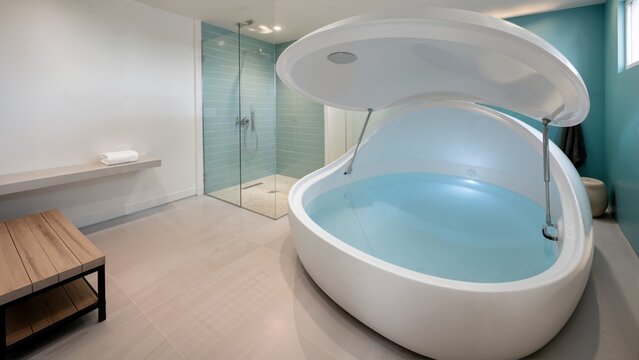 Sensory deprivation float tank suite with open lid and glass walk in shower. Modern wellness center flotation therapy room