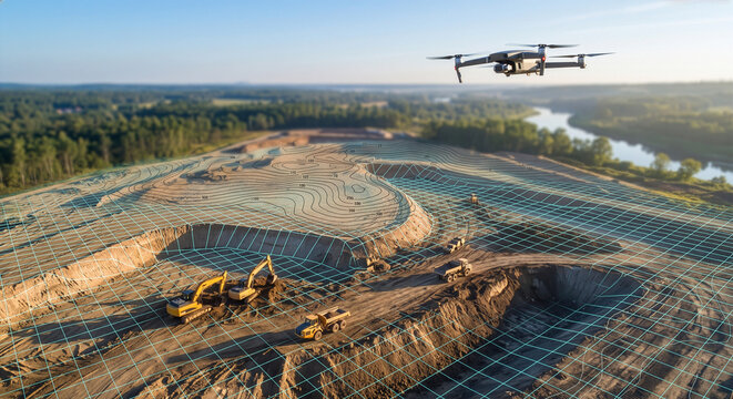 ドローンによる土木工事現場の3D測量と等高線地形データ可視化、ICT建設・スマート農業・DX技術のコンセプトイメージ