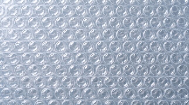 Transparent plastic bubble wrap texture featuring a repeating circular pattern for shipping logistics backgrounds, protective packaging concepts, and commercial design mockups.