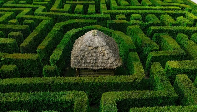 A quaint thatched hut sits at the center of a dense green hedge maze.