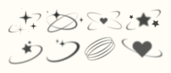 Retro Y2K halftone cosmic orbit elements with stars, hearts, sparkles and planetary rings in monochrome vintage style.Vintage Halftone Cosmic Elements with Orbits Stars and Hearts © Ilonka eva
