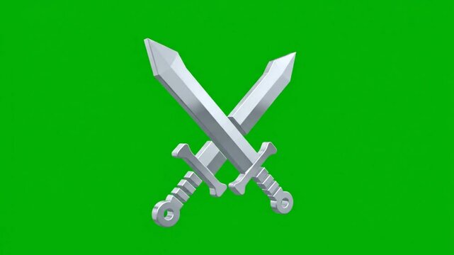 Crossed silver swords against a solid green background for game design and epic action themes
