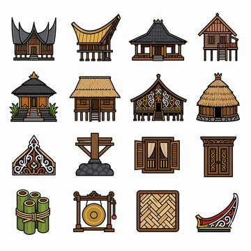 Indonesian traditional house and ethnic architecture icons set.