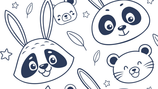 Cute animal pattern with panda and bear faces in line art style