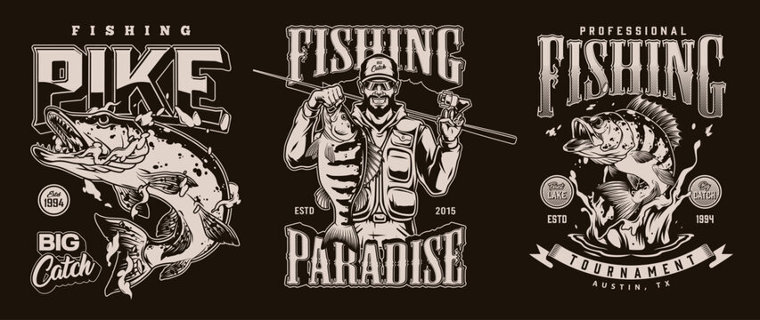 Each shows a fish and a fisherman