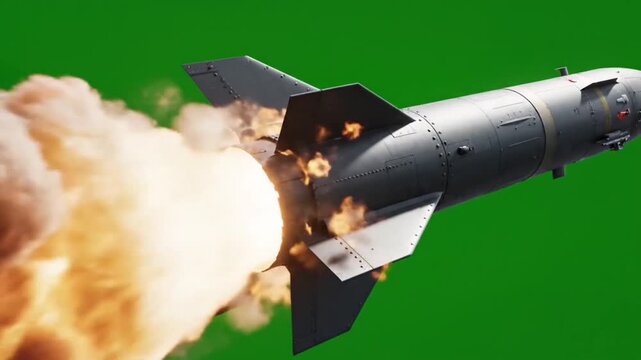 Fast flying strategic missile with massive fire and smoke on green screen