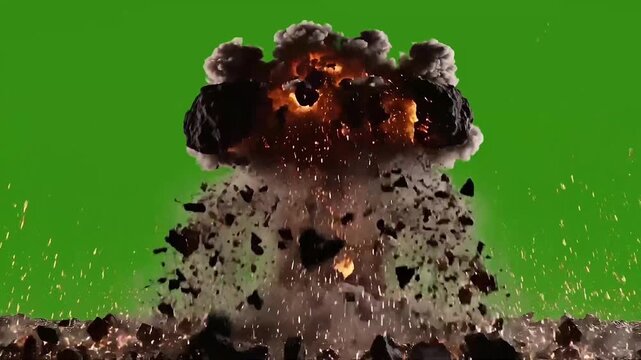 Explosion with flying rocks and debris on green screen