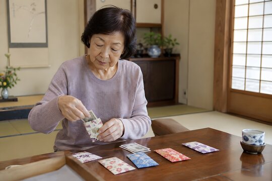 座卓でお年玉を用意する女性