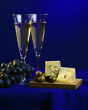 Two glasses of sparkling wine with blue cheese, olives and dark grapes on a deep blue background, festive food pairing concept for celebration menus and elegant entertaining